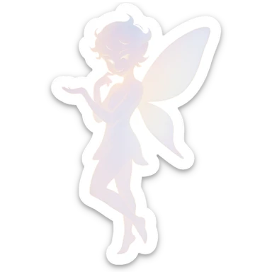 delicate figure with a soft glow, playful mischief in the eyes, and an enchanting aura, in a minimalist silhouette with pastel colors sticker