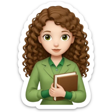 A girl with long brown curls and a green outfit holding a stacking book in her hand sticker
