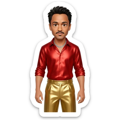Robert Downey Jr with brown eyes, black hair, red metallic shirt, gold metallic baggy pants, silver necklace sticker