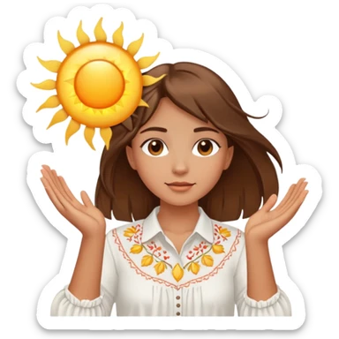 A young Ukrainian girl with brown hair wearing a white embroidered shirt holds the sun in her hands sticker