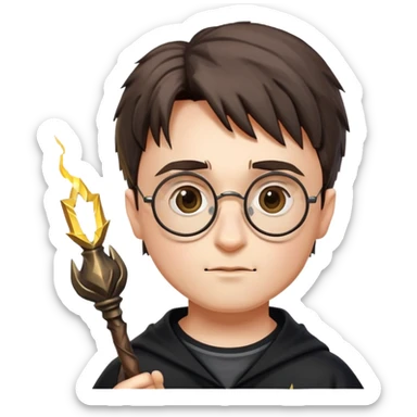 Harry Potter with round glasses, lightning scar, and wand sticker