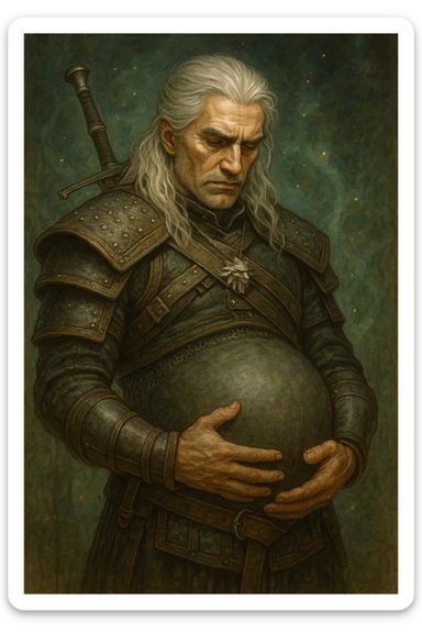 Geralt of Rivia holding his pregnant belly, detailed fantasy illustration, silver hair, medieval armor, serious expression, magical atmosphere sticker