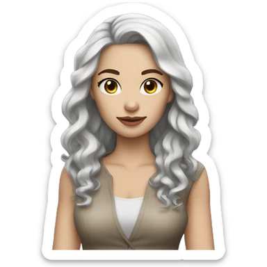 Woman with white skin, long black wavy hair, brown eyes, nice clothes sticker