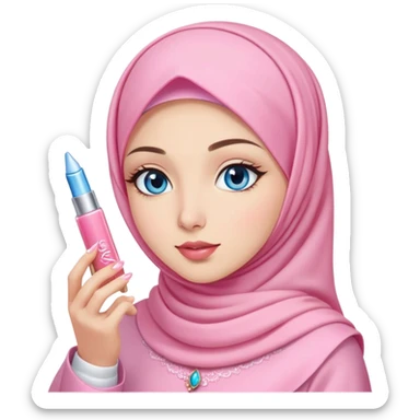 Turkish beautiful finish Konya girl blue eyes with light sakura and pink hijab islamic dress and had on her hand kiko lipgloss and she wearing the lipgloss sticker