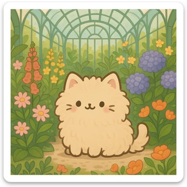 pusheen-style fluffy blonde kitten in a botanical garden greenhouse filled with flowers sticker