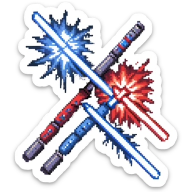 two lightsabers, one blue and one red, clashing with energy burst sticker