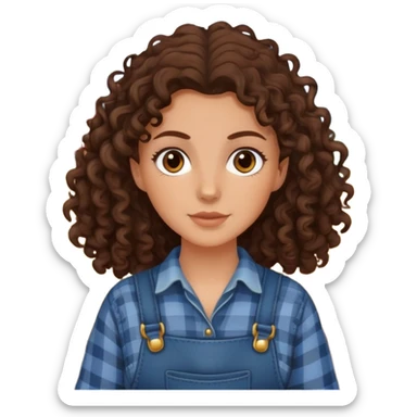 white girl with dark brown curly hair, brown eyes, wearing farm clothes sticker