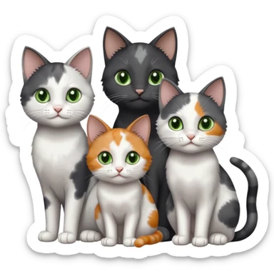 3 different coloured small cats including a dark grey and white, and a patchy calico with hazel eyes and a completely solid dark grey with green eyes and only white paws sticker