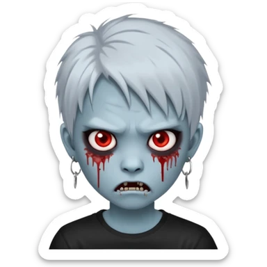  3D emoji-style avatar with very pale blue-grey zombie skin , a young Asian face, and large eyes with blood tears. Give it white litle bit messy mullet hair style , silver hoop earrings, and a plain black T-shirt. The face expression should be slightly angry, with vampire fang sticker