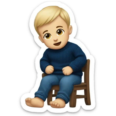 baby in dark blue sweater chewing fist sticker