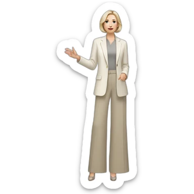 Full height Actively gesturing with hands pale skin woman with ash blonde Straightened bob Hair, White Spacious classical jacket, beige palazzo Arrow pants and gray blouse sticker