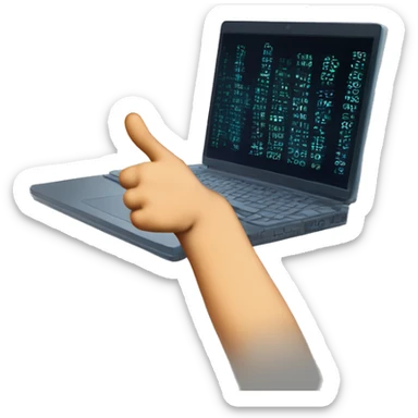 lose-up of a programmer's hand giving a thumbs up gesture. The hand is emerging from a keyboard, with lines of code visible on a blurred computer screen in the background. The overall mood is positive and encouraging. sticker