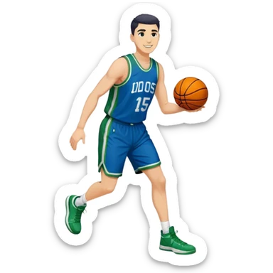 Full Body heavy tall white male with dark short spike hair basketball player wearing blue green uniform smiling sticker