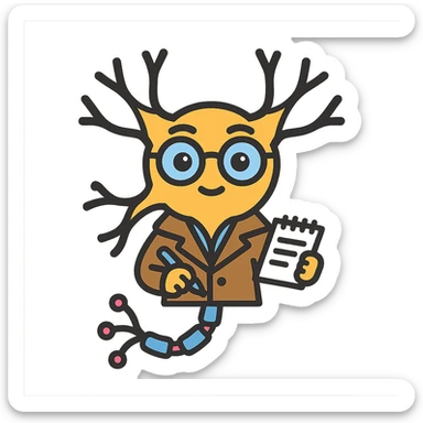 neuron with expressive eyes, wearing glasses and detective coat, holding notepad and pen, symbolizing student and detective, colorful outlined icon style sticker