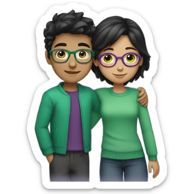 boy and girl hugging each other. the boy, has black wavy hair and wearing glasses, has green eyes. the girl, has medium-short straight hair dyed in purple, with brown eyes. sticker