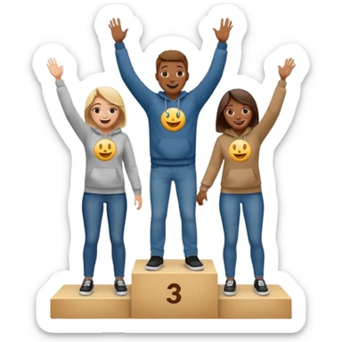 three people in jeans, t-shirts, and hoodies on a winners’ podium with the middle step higher, excited, fun, expressive emoji style sticker