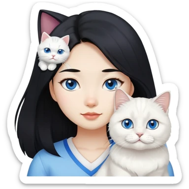 black hair Asiangirl with White British longhair cat blue eyes  sticker