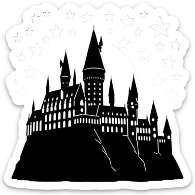 Harry Potter series, Hogwarts castle silhouette with stars, outlined only sticker