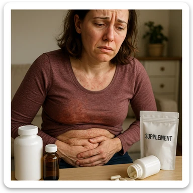realistic style woman with intestinal dysbiosis caused by wrong supplementation, suffering expression, clinical details, domestic environment, visible supplement packages sticker