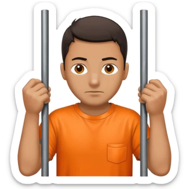 prisoner with orange shirt, metal bars in front of him and he touches the bars sticker