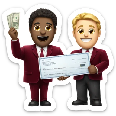 fat guy in dark red velvet suit holding cheque sticker