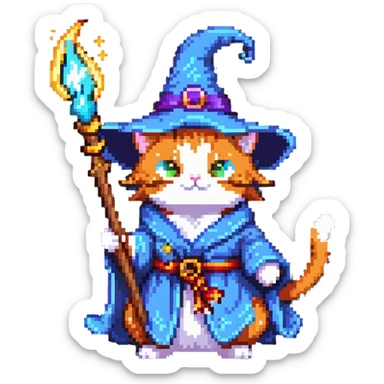A cat wizard casting a spell with magical staff and flowing robes sticker
