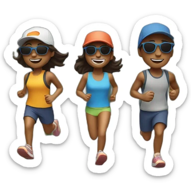 three friends running to the mountains wearing a cap and sunglasses sticker