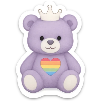 Change the crown to white on the purple and white teddy bear with a heart-shaped rainbow patch. Keep it soft and plush with no shadows and flat lighting. Remove the background. sticker
