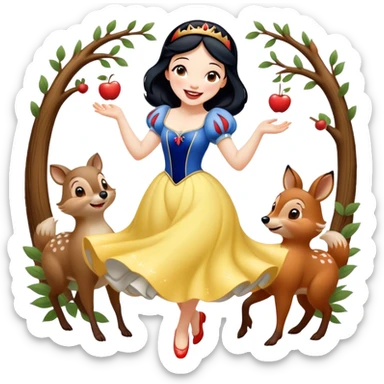 Cinematic Playful Snow White Portrait Emoji, Laughing while dancing with woodland animals, dress twirling gracefully, a whimsical sparkle in her eye, radiating charm and pure delight! sticker