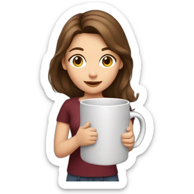 girl with brown hair, burgundy shirt with a large mug in her hand sticker