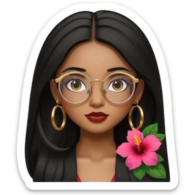 beautiful sexy brown girl with glasses, aesthetic, straight black long hair with side part, hibiscus in hair, gold hoop earrings, simple, beautiful, seductive, pretty, apple memoji style sticker