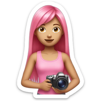 girl with long, straight rose hair with fringe and holding camera and paint brush and wearing pink tank top sticker