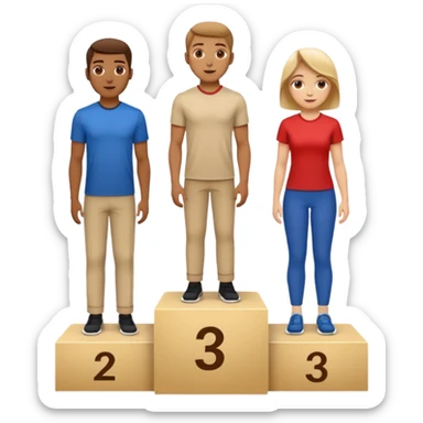show people on podium in second, first then third position.  The podium should be labeled 2, 1, 3. The middle position should only have the number 1.  the people should be dressed causally in regular relaxed clothes

 sticker