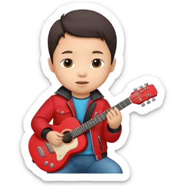 guitar rock player, baby asian head, red jacket sticker