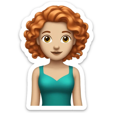 a white girl with long curly red hair and a teal dress and a tiara sticker