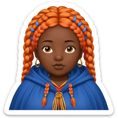 red orange braids hair girl, black skin, fat, wear blue cloak sticker