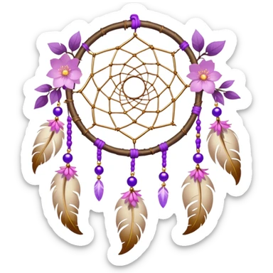 A white-birch-framed Dreamcatcher. with purple-round-orbs, gold-rings hanging down. purple flowers, pink sakura flowers, sticker