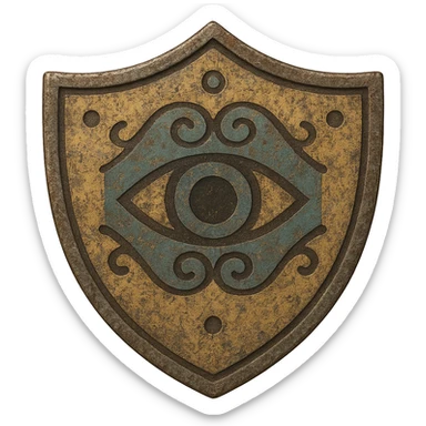 Make the shield with the Eye of Ibad look more ancient, with weathered metal, faded paint, and worn details, keeping the background transparent. sticker