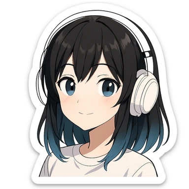 girl with medium black hair with blue tips wearing white headset, anime style sticker