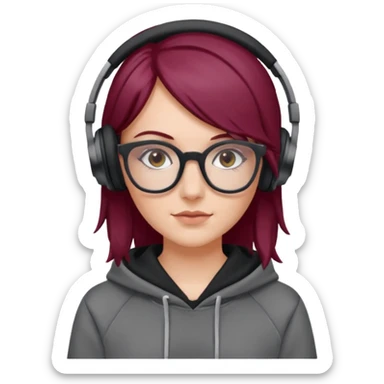 white girl with burgundy hair, gray rectangle glasses, black deportive hoodie and black headphones sticker