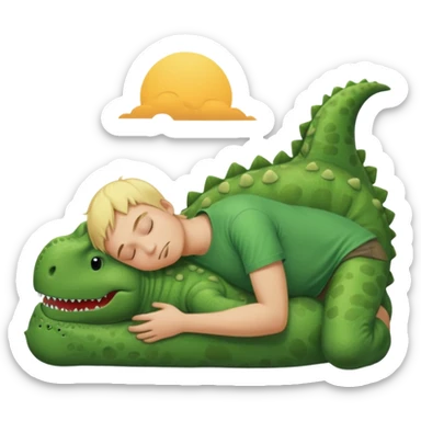 Blond boy sleeping wearing green dinosaur t-shirt sticker