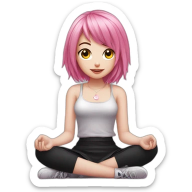 Front view curvy emo girl pink hair sits on the floor straight view hands up black skirt полосатые рваные чулки sticker