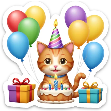 Ginger tabby kitten celebrates birthday, birthday hat, birthday cake, one candle, balloons, happy, gifts sticker