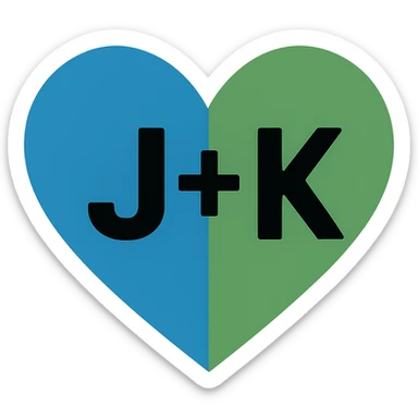 In the blue and green heart, place the letter J on the blue part and the letter K on the green part, maintaining a modern style with a transparent background. sticker