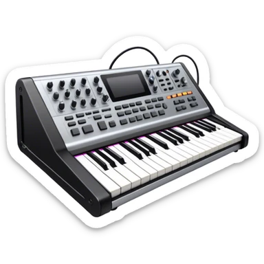 Create a professional and detailed emoji that represents sound design. The design should feature a high-end studio synthesizer, specifically a Korg synthesizer, with a mixing console and control panel, all connected with audio cables. Surround the equipment with flowing sound waves or musical notes to symbolize the creation and manipulation of sound. Use colors like metallic silver, black, and neon accents to emphasize the technical, creative nature of sound design. The background should be transparent. sticker