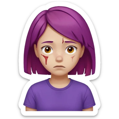 Young girl with red, damaged, and unattractive hair, wearing a purple T-shirt, with a sad face. sticker