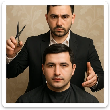 manashu akani yuzlaridan foydalanib sartarosh chizib bergin u soch olishga tayyor turganini chizib ber old rakursda bulsin mijoz tugriga qarab utirganini va sartarosh uni orqasida turib bitta ulida qaychi, ikkta quli bilan tayyorgarlik kurib turganini chizib ber xuddi 1,2,3 boshladik degandey birdaniga ishga kirishib ketadigan dek tayyor bulib tursin sticker