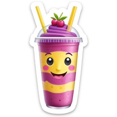 Cute Kawaii Smoothie Cup, filled with blended fruity goodness, a smiling face with excited eyes, bright colorful layers of pink, yellow, and purple, topped with a straw and tiny fruit slices! sticker