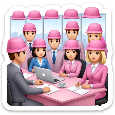 people in pink SPAM office setting with a SPAMGAGE meeting landscape  sticker