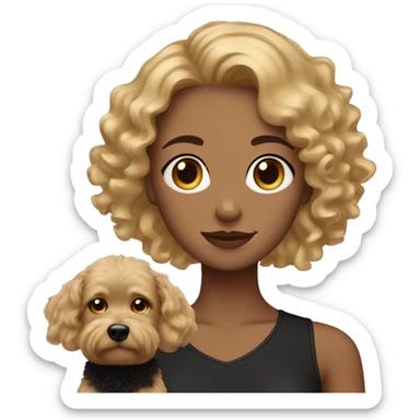 Curly blonde medium hair girl with a black short dog sticker
